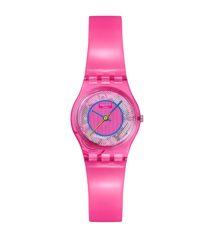 Transparente Damenuhr mit pinkem Armband und rundem Zifferblatt im 80er-Design