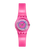 Transparente Damenuhr mit pinkem Armband und rundem Zifferblatt im 80er-Design