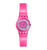 Damenuhr mit pinkem transparentem Armband und rundem Zifferblatt mit blau-gelbem Muster