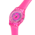 Pink transparente Damenuhr, rundes Zifferblatt mit blauem Muster und gelben Zeigern