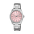 Runde Damenarmbanduhr mit Edelstahlband, rosa Zifferblatt und Datum bei 5 Uhr