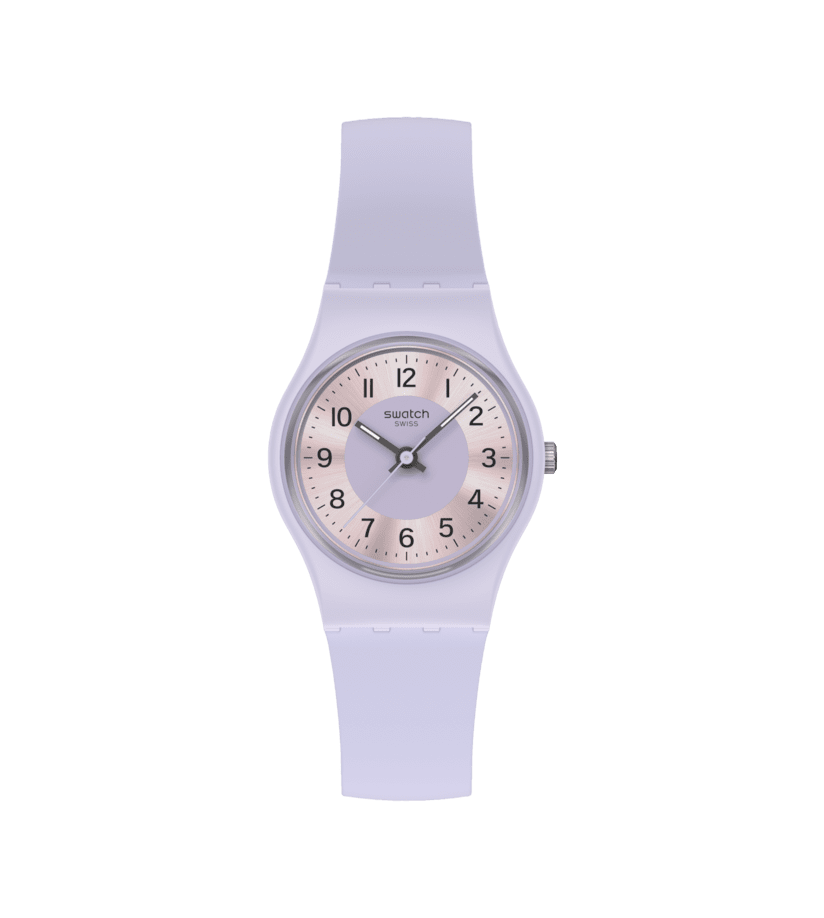 Damenuhr mit lilafarbenem Kunststoffarmband und rundem Ziffernblatt, Quarzwerk
