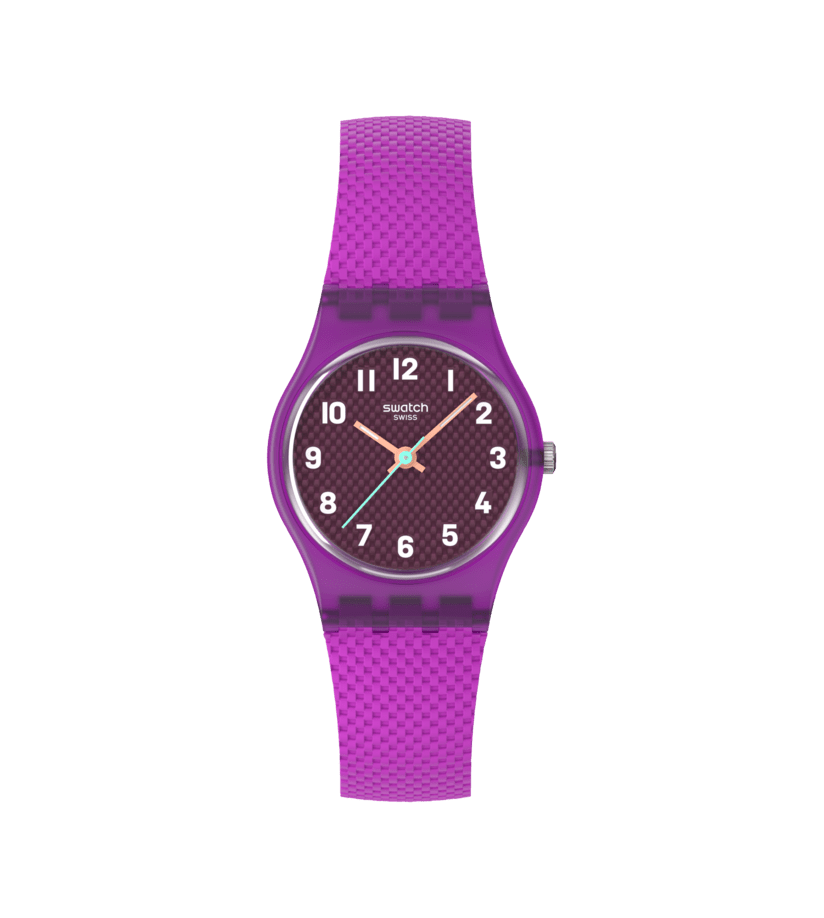 Lila Damenarmbanduhr mit rundem Zifferblatt und texturiertem Armband