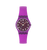 Lila Damenarmbanduhr in Frontansicht, rundes Zifferblatt und texturiertes Armband