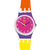 Swatch Damenuhr frontal: rosa Zifferblatt, blaue Zeiger, gelb-lila Armband