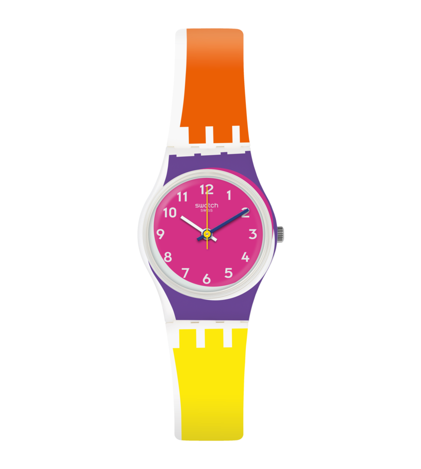 Swatch Damenuhr mit pinkem Zifferblatt, lila Zifferring und gelbem Armband
