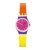 Swatch Damenuhr mit pinkem Zifferblatt, lila Zifferring und gelbem Armband