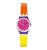 Swatch Damenuhr leicht schräg: pinkes Zifferblatt, lila Zifferring, gelbes Armband
