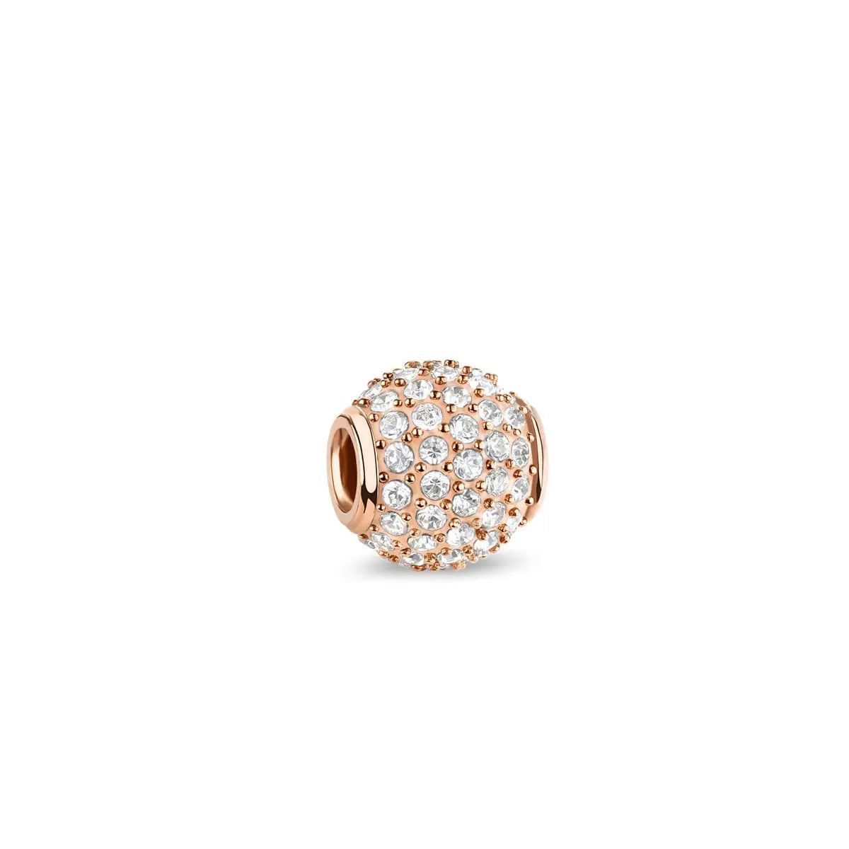 Edelstahl-Charm mit roségoldener Oberfläche und klaren Steinen im Kreis