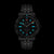 Taucheruhr mit schwarzem Zifferblatt und leuchtenden blauen Markierungen auf schwarzem Armband