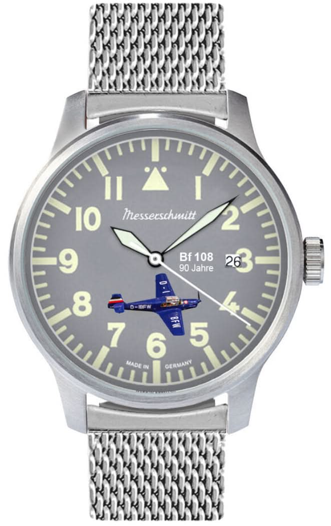 Bracelet de montre pour homme avec bracelet en maille argentée, cadran rond foncé et logo Messerschmitt