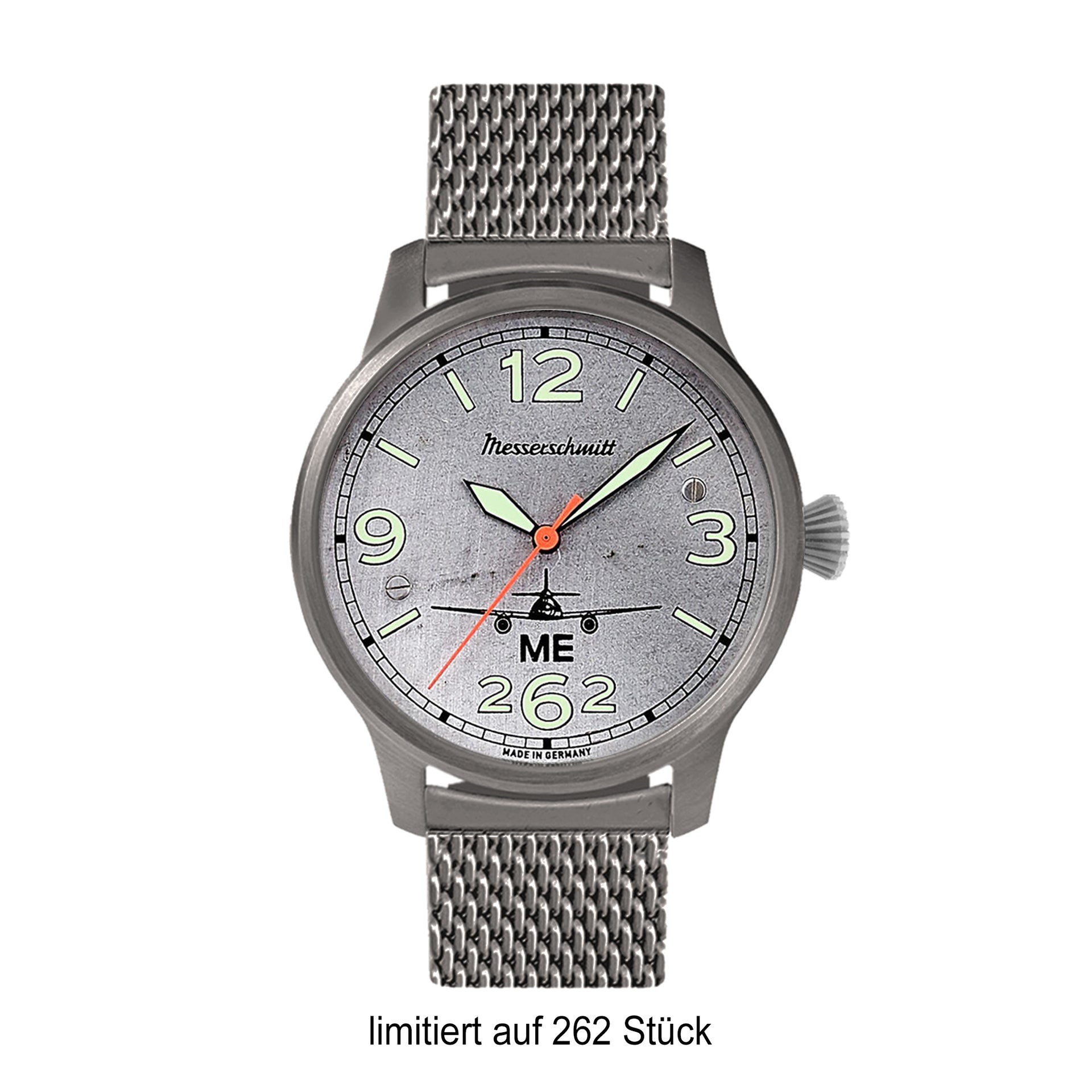 Herrenarmbanduhr: brüniertes Gehäuse, Metall-Meshband, graues Zifferblatt mit ME 262