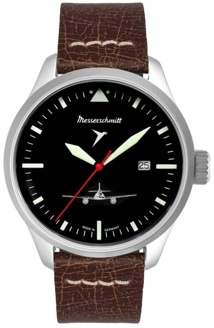 Montre homme Messerschmitt avec cadran noir et bracelet en cuir marron