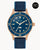 Bulova Herrenuhr mit blauem Zifferblatt, bronzefarbener Lünette und blauem Textilband