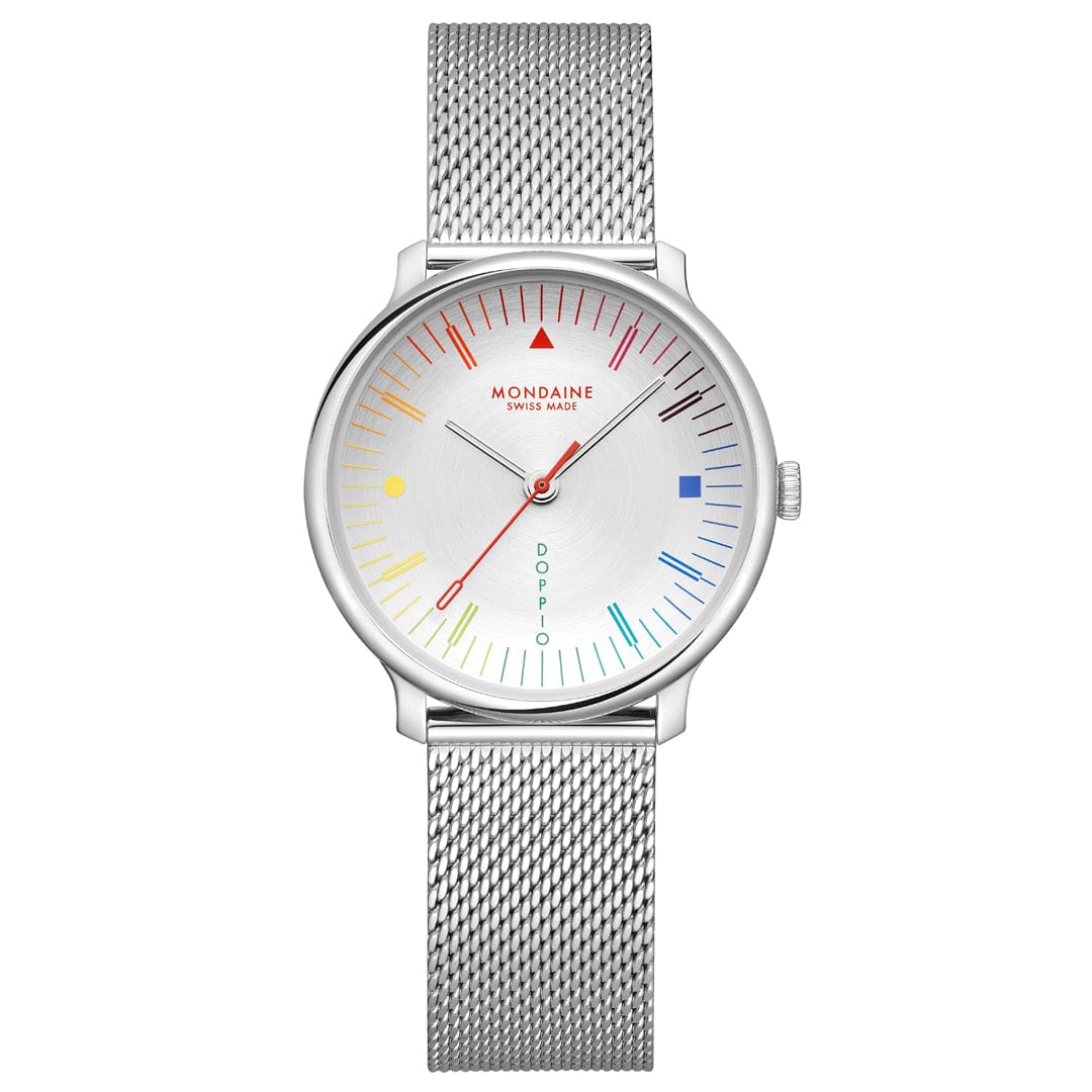 Silberne Damenarmbanduhr mit Mesh-Armband und weißem Zifferblatt mit farbigen Markierungen