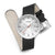 Herrenuhr mit schwarzem Lederarmband und silberner Schließe; weißes Zifferblatt mit roten Akzenten