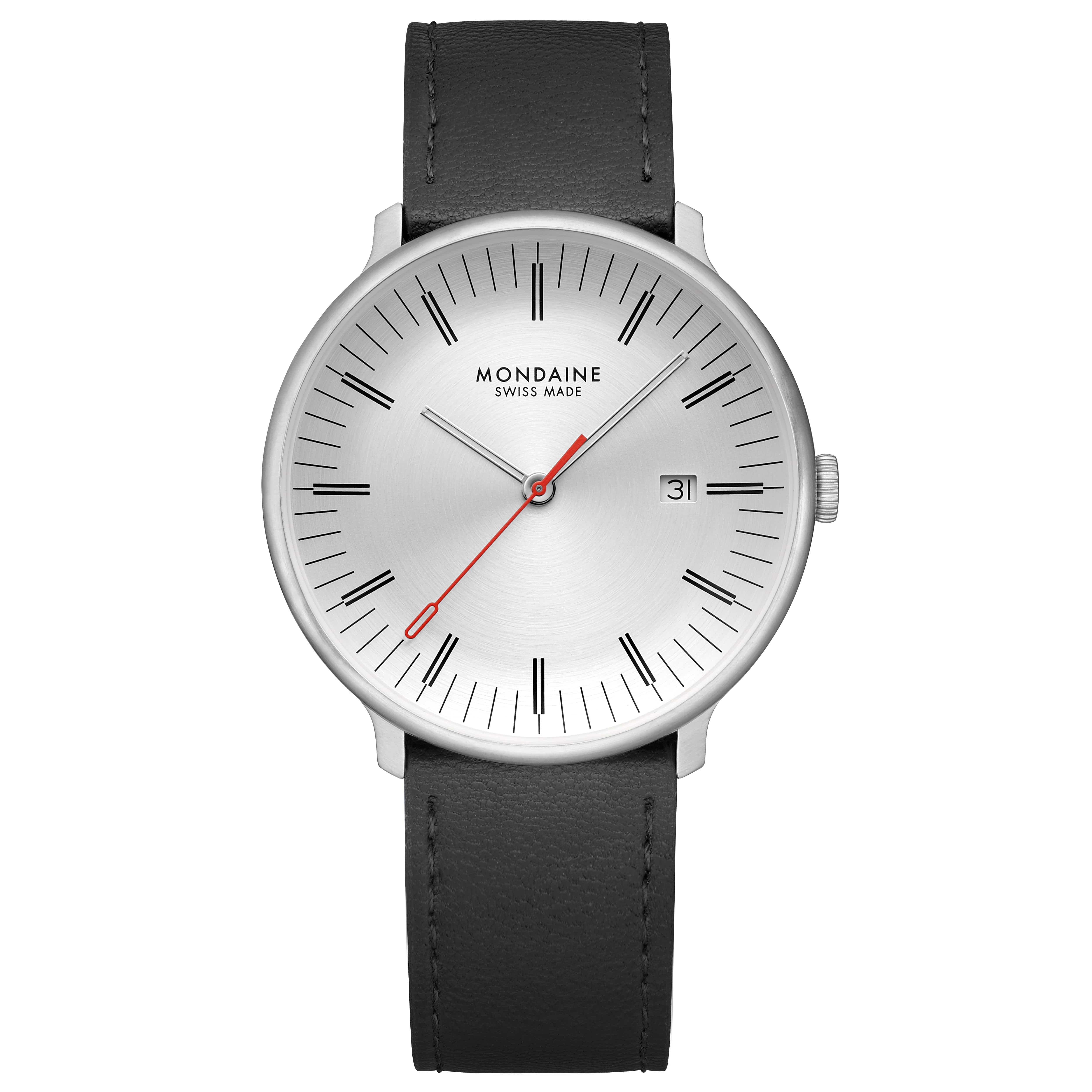 Herrenuhr mit schwarzem Lederarmband, silbernem Gehäuse und weißem Zifferblatt, Datum bei 3 Uhr