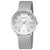 Herrenuhr mit rundem Silbergehäuse und Mesh-Armband, weißes Zifferblatt, rote Zeiger