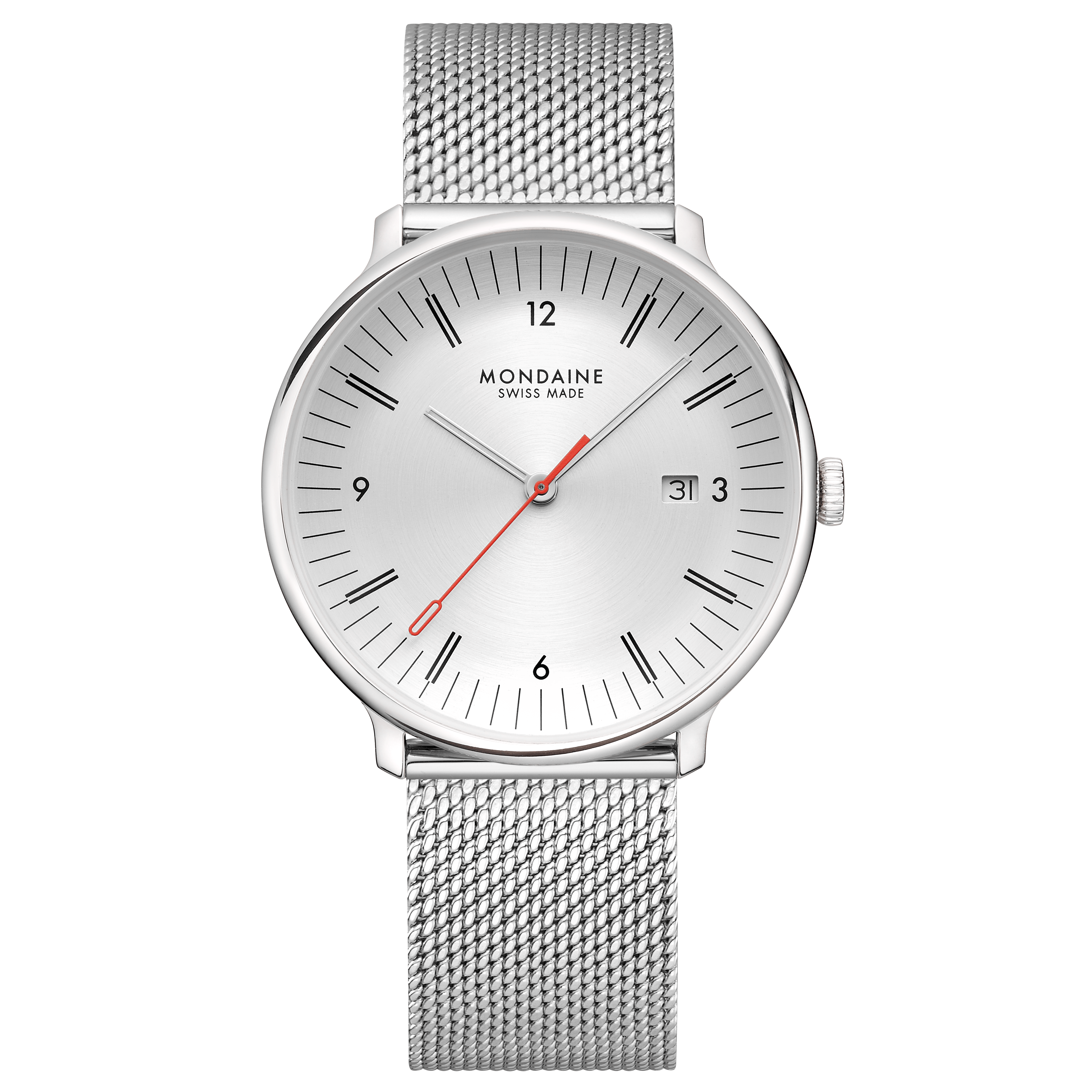 Herrenuhr: rundes Silbergehäuse, weißes Zifferblatt, Mesh-Armband, rote Zeiger