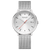 Herrenuhr: rundes Silbergehäuse, weißes Zifferblatt, Mesh-Armband, rote Zeiger