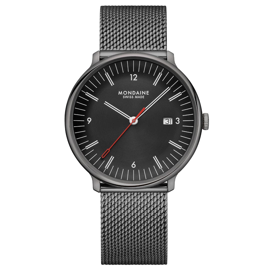 Mondaine Herrenuhr mit schwarzem Zifferblatt, roten Zeigern und schwarzem Mesharmband