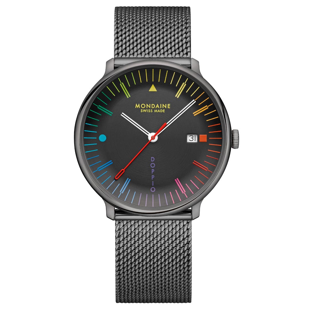 Herrenarmbanduhr mit dunkelgrauem Zifferblatt und Mesh-Metallarmband, bunten Stundenmarkierungen.