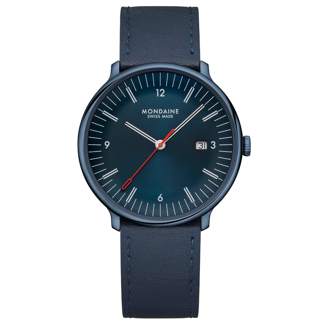 Herrenuhr mit blauem Zifferblatt, roten Akzenten, Lederarmband und Datumsanzeige