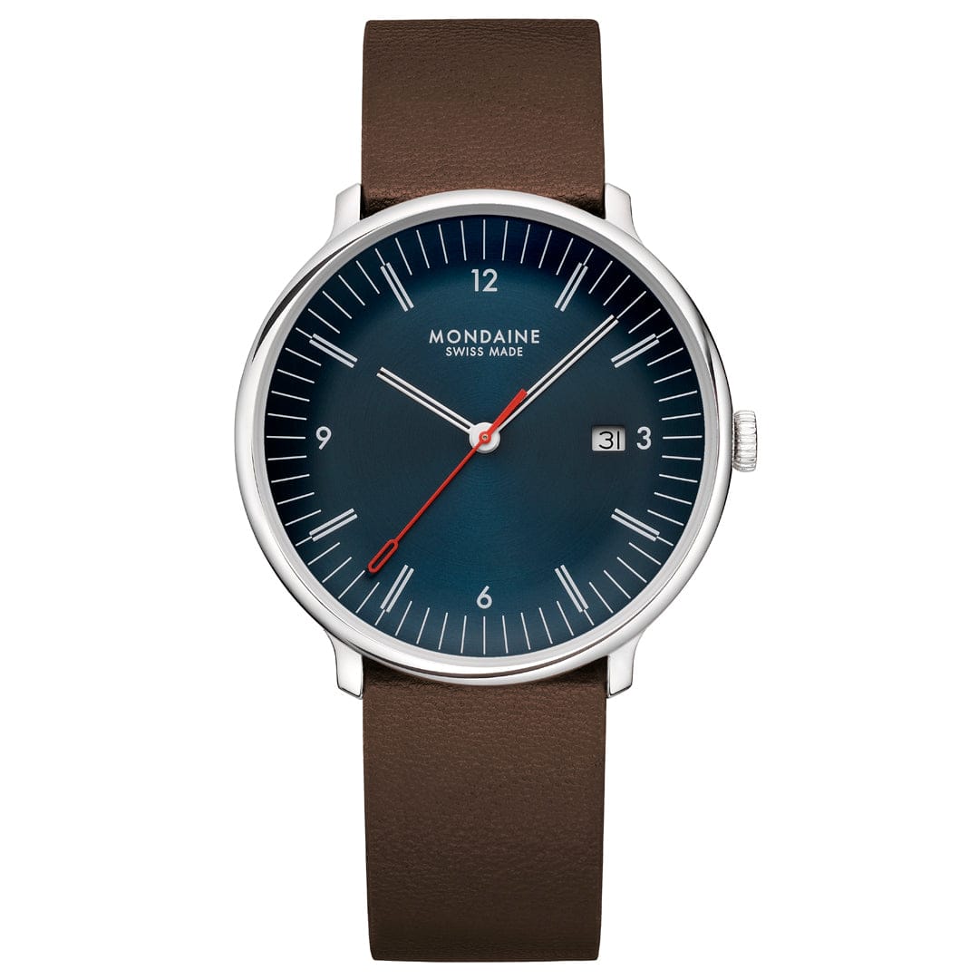 Herrenuhr mit rundem Edelstahlgehäuse, dunkelblauem Zifferblatt und braunem Lederarmband