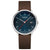 Herrenuhr mit rundem Edelstahlgehäuse, dunkelblauem Zifferblatt und braunem Lederarmband