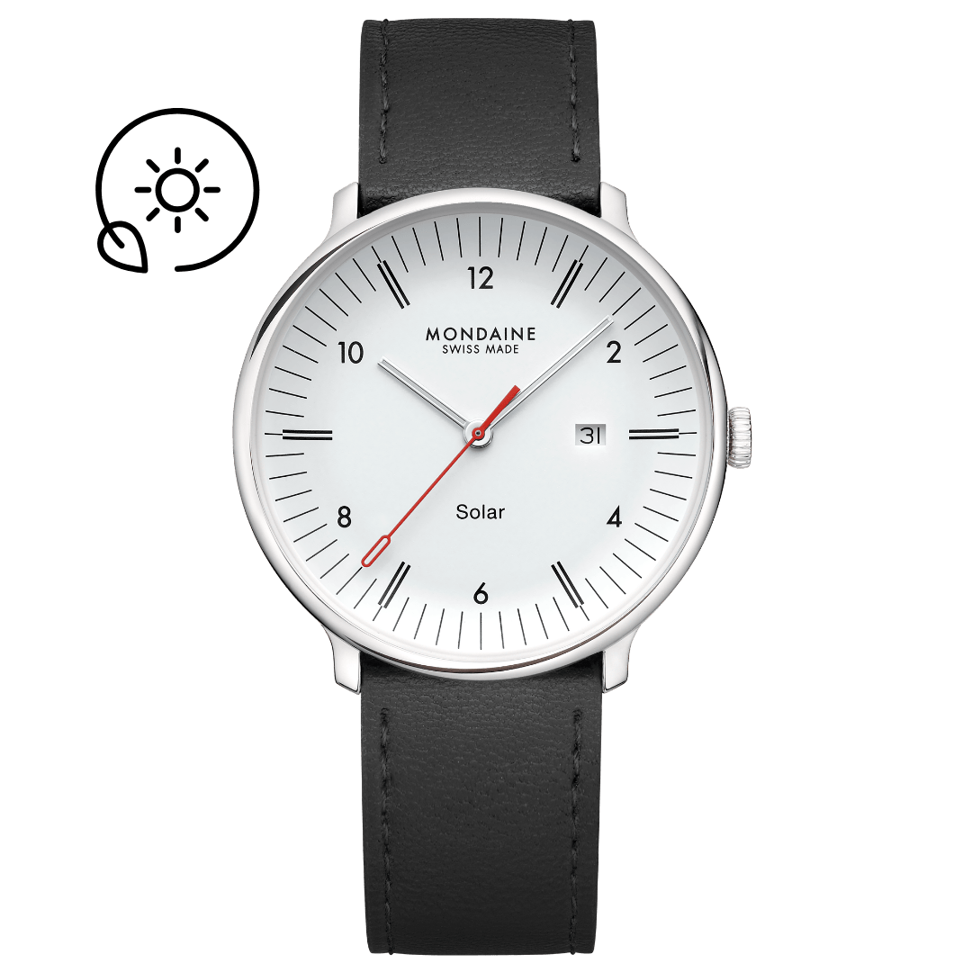 Herrenuhr mit schwarzem Lederarmband, weißem Zifferblatt, roten Solar-Zeigern und Datumsfenster