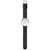 Herrenuhr seitliche Ansicht: schwarzes Lederarmband, weißes Zifferblatt, Schließe
