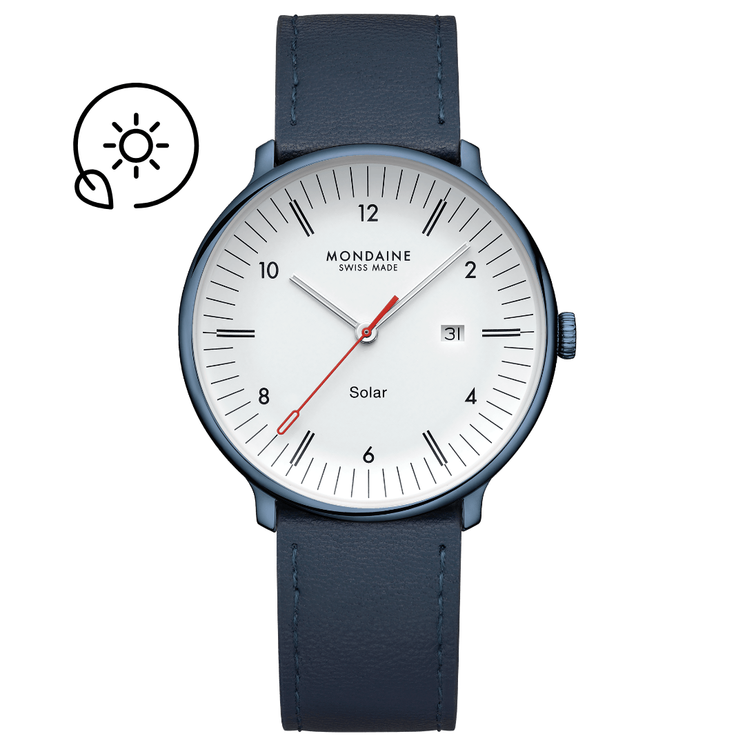 Mondaine Herrenuhr mit blauem Lederarmband, weißem Zifferblatt und Solar-Display