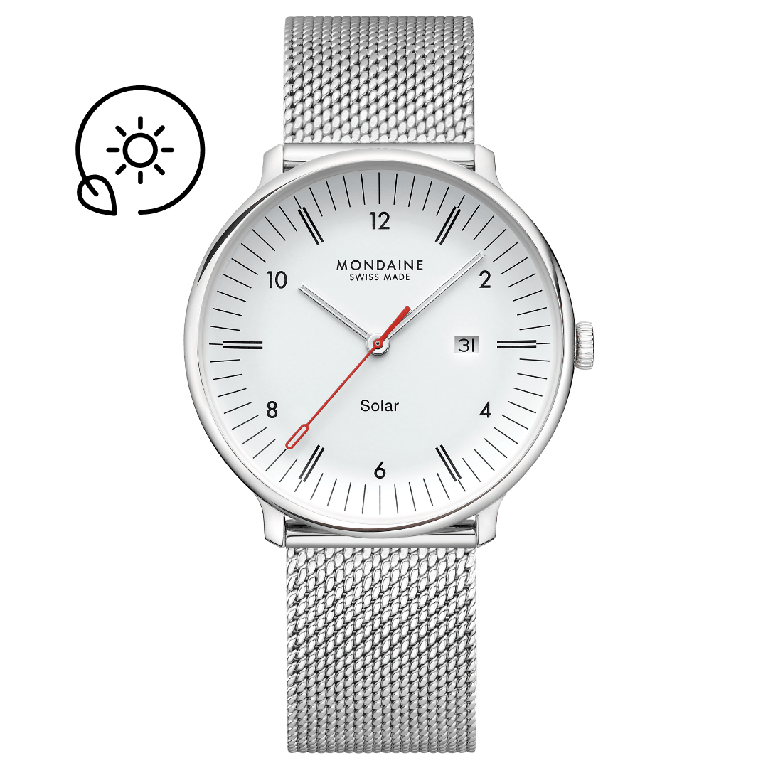 Mondaine Herrenuhr mit silbernem Metallmeshband, weißem Zifferblatt und Solar-Anzeige