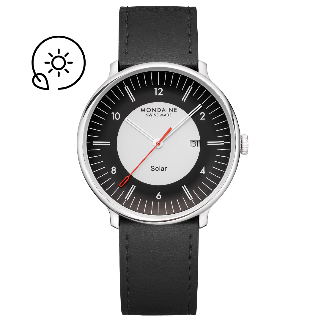 Mondaine Herrenuhr mit schwarzem Lederarmband, schwarzem Zifferblatt und Solar-Anzeige
