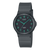 Armbanduhr mit dunkelgrauem Armband und grün leuchtenden Ziffern auf schwarzem Zifferblatt