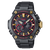 Herrenarmbanduhr, schwarzes Armband, analoges Zifferblatt mit roten Teilringen und goldenen Markierungen