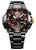Herrenarmbanduhr frontal, schwarzes Armband und mattschwarzes Gehäuse mit roten und goldenen Details