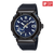 Casio MR-G Herrenuhr: blau gestreiftes Zifferblatt, schwarze Lünette, Gummiband.