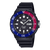 Casio Herren-Armbanduhr vorn: Datumsanzeige MON 5, schwarzes Band, blau-rote Lünette