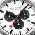 Makro Zifferblatt mit Datumsanzeige, schwarze Unterzähler und roter Chronographenzeiger auf Weiß.