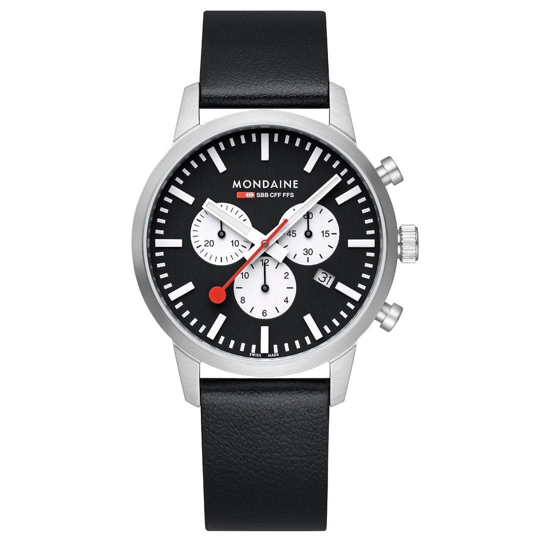 Mondaine Herrenuhr mit schwarzem Zifferblatt, Chronograph und schwarzem Lederarmband