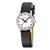 Damenuhr mit schwarzem Lederarmband und weißem Zifferblatt, beige Innenseite sichtbar