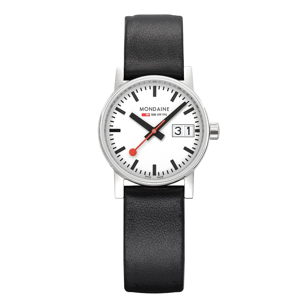 Damenarmbanduhr mit schwarzem Lederarmband, weißem Zifferblatt und Datumsanzeige