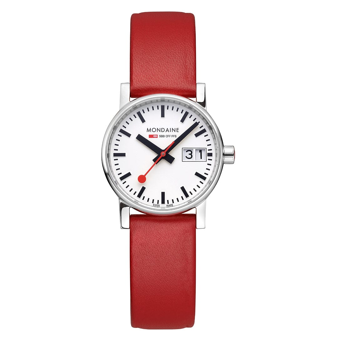 Mondaine Damenuhr mit rotem Lederarmband und weißem Zifferblatt, Datum bei 3 Uhr