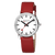 Damenuhr mit rotem Lederarmband und weißem Zifferblatt, schwarzer Minutenskala.