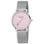 Mondaine Damenuhr, rundes rosa Zifferblatt mit weißen Indexen und Mesh-Stahlarmband