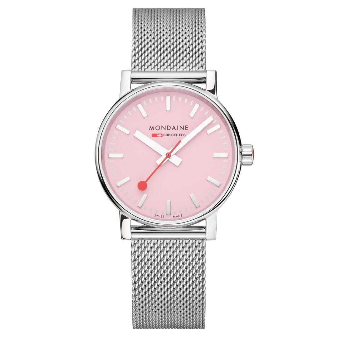 Mondaine Damenuhr mit rosa Zifferblatt und silbernem Mesh-Stahlarmband