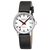 Damenuhr mit schwarzem Lederarmband, weißem Zifferblatt, Indexen und Datumsanzeige.