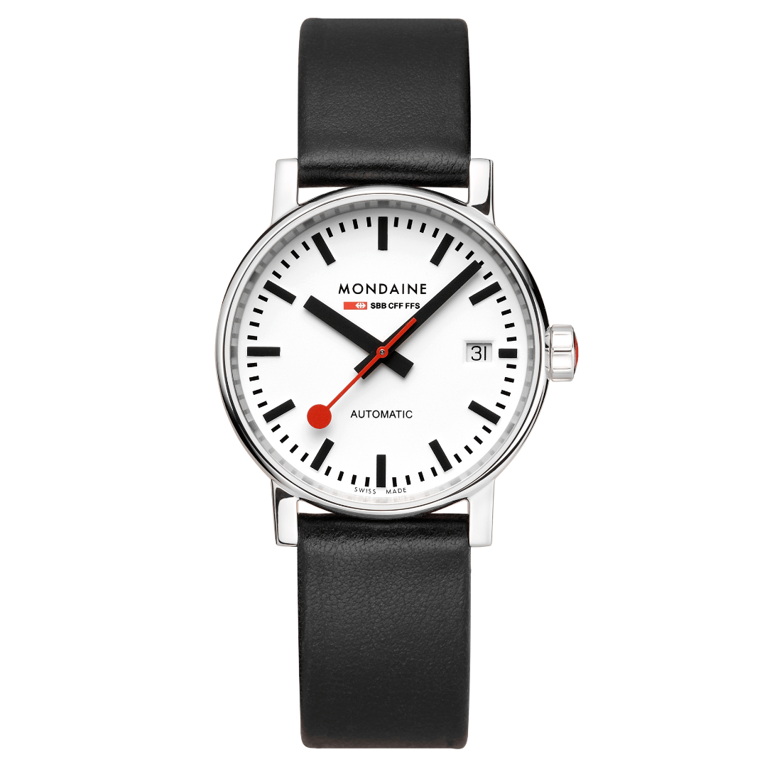 Schwarze Damenuhr mit weißem Zifferblatt, rotem Sekundenzeiger und Lederarmband.