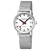 Mondaine Damenuhr mit silbernem Mesh-Armband, rundem Gehäuse und rotem Sekundenzeiger